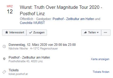 ConchitasWG's tweet photo. @ConchitaWurst ist soeben von einer großartigen Konzert-Tournee an der australischen Ostküste  zurückgekehrt. Nächste Woche spielen #WURST &amp; Band live #TOMtour2020

12.03. #Linz #Posthof 
13.03. #Graz #Radiosoundportal 

https://t.co/AmKvXMIE88
https://t.co/t9z95O5KEL
#Austria https://t.co/yvKng2IFYT