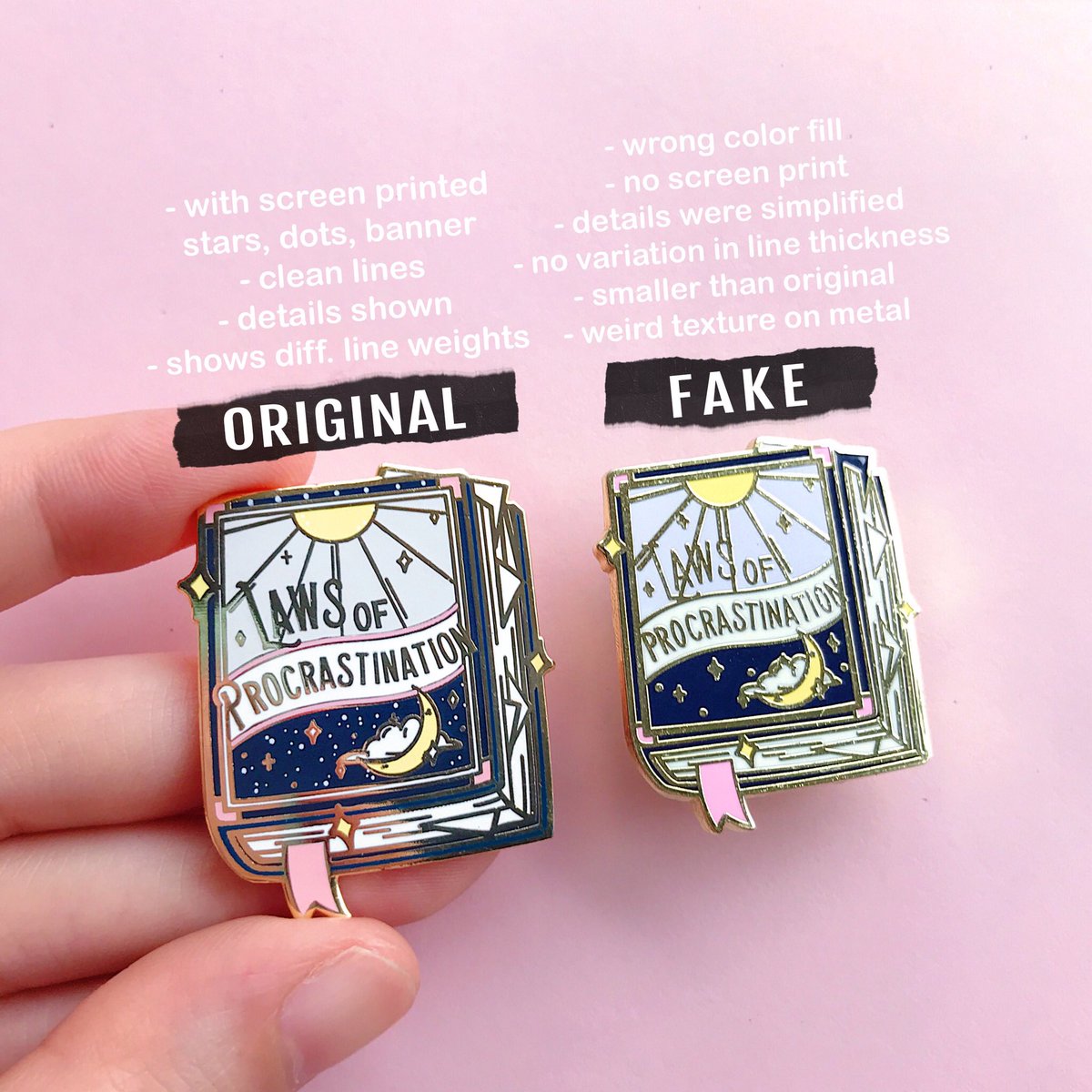 (Rts 💕) Here’s a comparison of my original pin vs the fake. For the past few months, I’ve been silently reporting/taking down counterfeits of my original pin designs. It’s been a difficult and hassle process, so please help spread awareness and say no to #stolenart