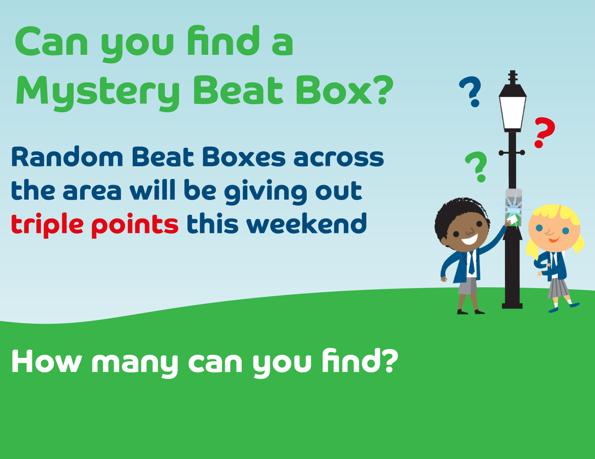BTSBlaby's tweet photo. This weekend we're holding a Mystery Box event, where random Beat Boxes all across Blaby will be giving out triple points! Get your explorer's hat on and see what you can find! #GoExplore @BlabyDC @ActiveBlaby @LR_Sport @CanalRiverTrust #btsblaby #beatthestreet https://t.co/YOgyW5rkNC