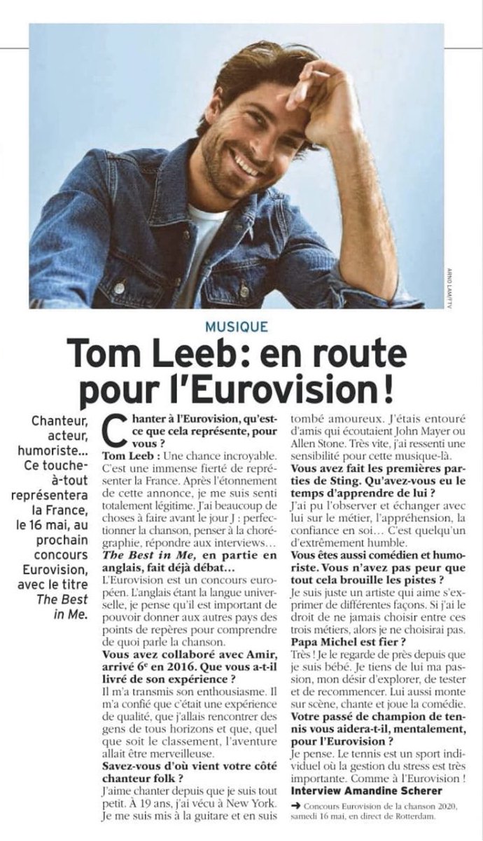 TomLeebOfficial's tweet photo. [WebTeam Tom] 

En kiosque lundi ! 
Merci @Tele7 🙏🏻😊
#Eurovision #TheBestInMe https://t.co/UqmgG3LmoQ