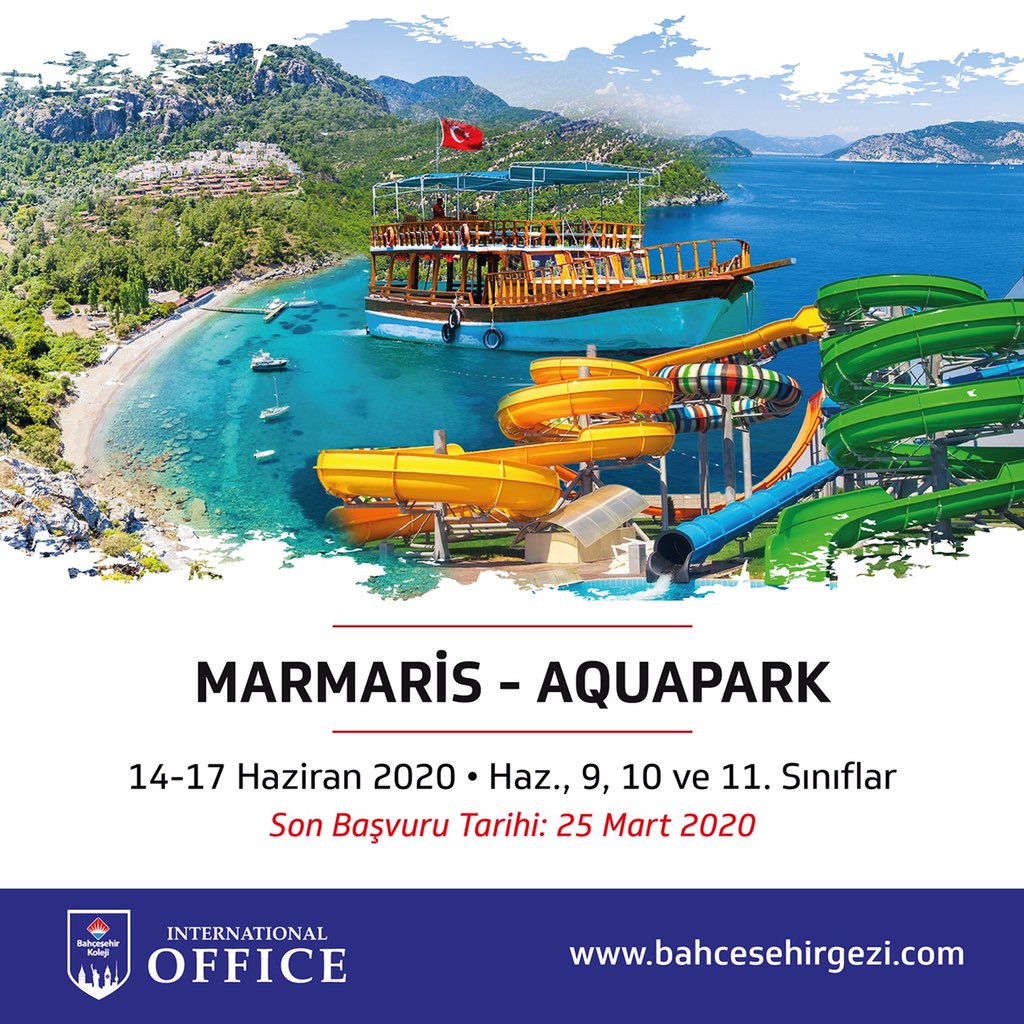 Marmaris Aquapark programımız ile hazırlık, 9, 10 ve 11. Sınıf öğrencilerimiz 14 - 17 Haziran 2020 tarihleri arasında yılın yorgunluğunu atıyor. Son başvuru tarihi 25 MART 2020 olan gezimize kayıt ve başvuru için; bahcesehirgezi.com/program-ve-gez…