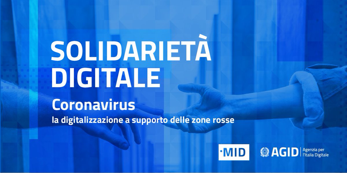 AgidGov's tweet photo. #CoronaVirus | #SolidarietàDigitale a supporto delle zone rosse per ridurre l’impatto sociale ed economico grazie a servizi innovativi

🔷L'iniziativa promossa da @PaolaPisano_Min @InnovazioneGov con supporto #AgID👇
https://t.co/WnpOk0jeVG

🔷I servizi👇
https://t.co/gb0MweUoVu https://t.co/a4PcVF8PhR