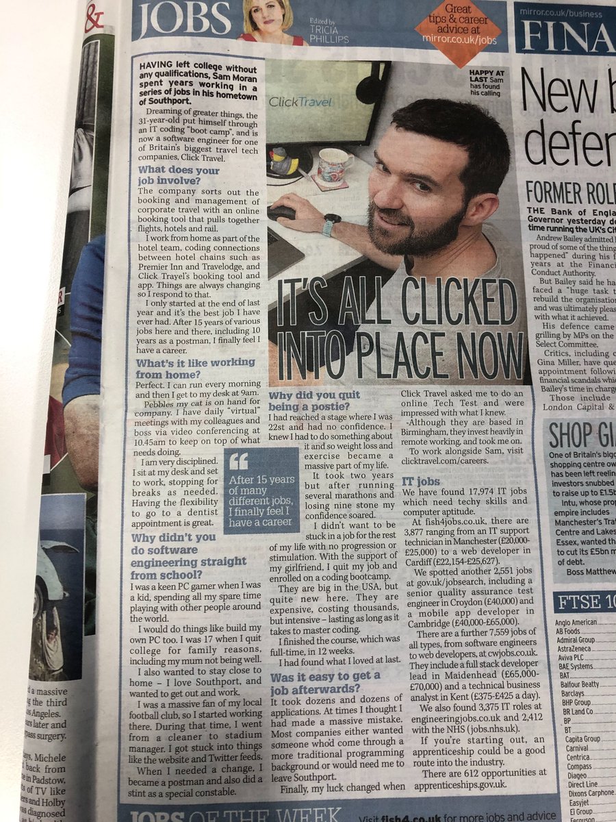 ClickTravelEng's tweet image. "It's all Clicked into place now" - one of our junior engineers, Sam, (@running_man_sam) is in print talking about his journey from postie to graduating from #Northcoders Manchester bootcamp to working with us at @ClickTravelEng! 🎉 Read it in the #Mirror today!