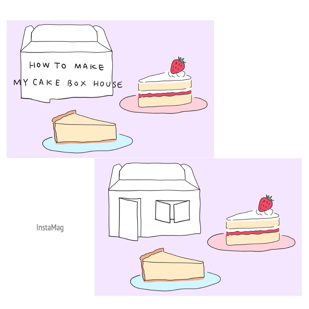 ケーキ箱で作るおうち。
作り方にルールはなくて思いつくままでいいのですが、雑な作り方を描いてみました。

定規で線を丁寧に描いてもいいけど、いきなりマジックで
ガシガシ描くほうが味が出るかも。

少しでも楽しくなればいいな。

#ひきこもり生活 
#ケーキ箱で作るおうち
#sayako_illustration 