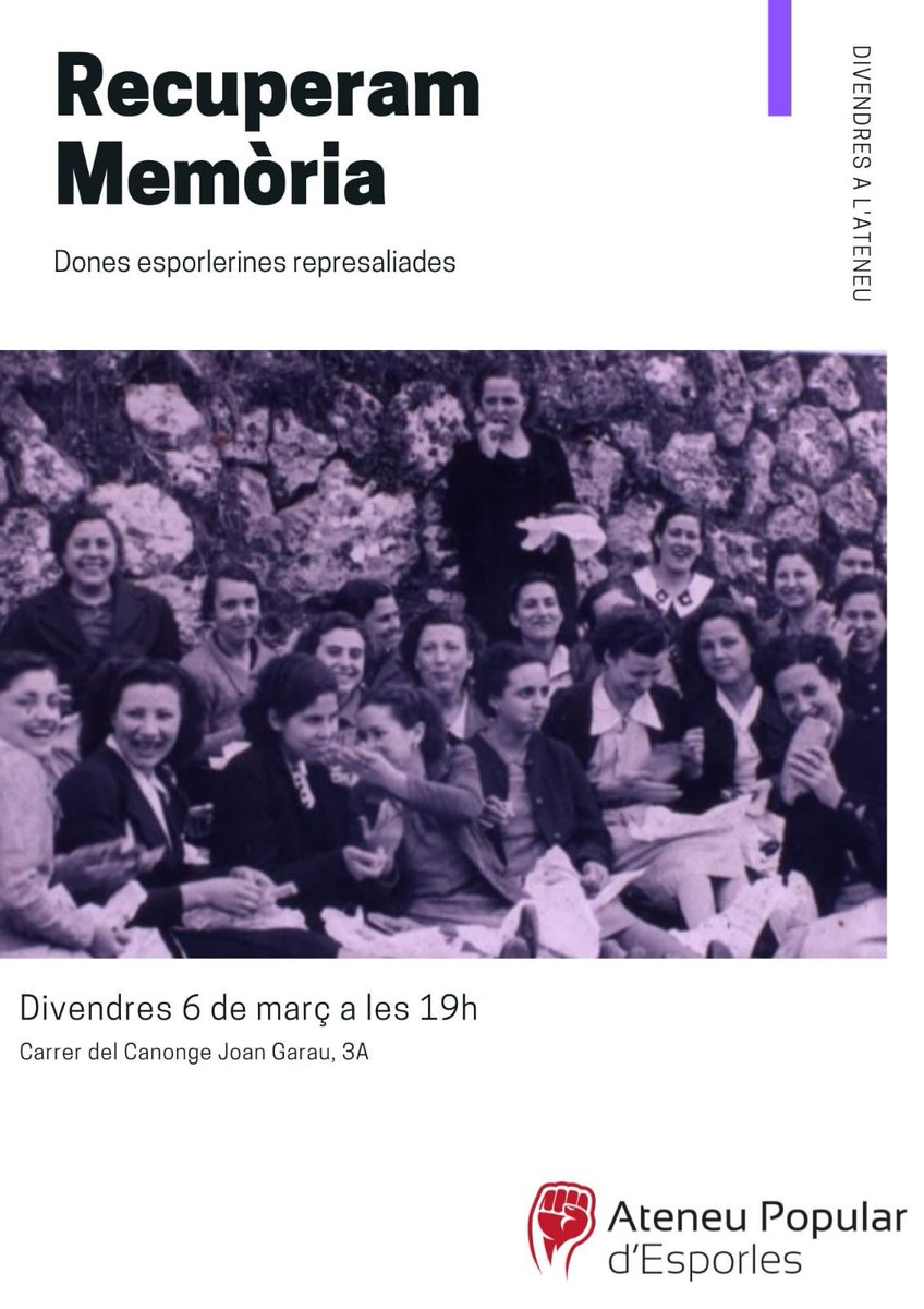 Començam amb els divendres temàtics!! I Vos hi esperam, clar. Aquest divendres a partir de les 19h, Recuperam Memòria, amb Dones Represaliades.