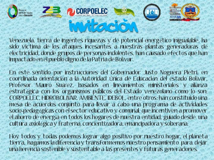 divinfobol's tweet photo. #BolivarPlanificadaenAhorroEnergético La Educación unida de la entidad, junto a los organismos del Estado:CORPOELEC, HIDROBOLIVAR Y AMBIENTE, listos y listas en promover el mensaje consecuente para nuestro pueblo y garantizar su desarrollo integral. https://t.co/JtoUuGbxtx