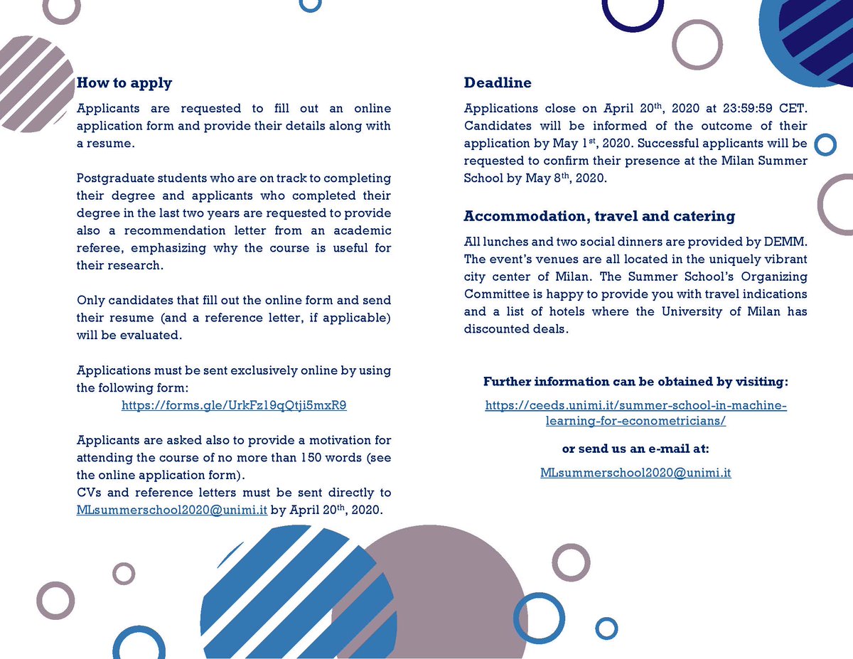 tomfratti's tweet photo. Pleased to announce the #CEEDS Summer school in #MachineLearning for #Econometrics at the University of Milan @LaStatale #DEMM.
When: June 29 - July 3, 2020
Lecturers: Emmanuel Flachaire & @3wen Gallic
Course fees: FREE!
All info: https://t.co/3TmUXFYsf2
Please RT and apply! https://t.co/3YqDjFRifU