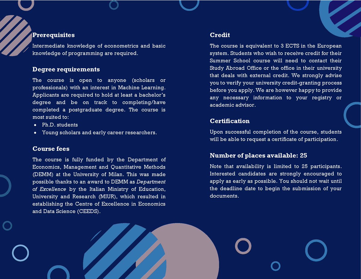 tomfratti's tweet photo. Pleased to announce the #CEEDS Summer school in #MachineLearning for #Econometrics at the University of Milan @LaStatale #DEMM.
When: June 29 - July 3, 2020
Lecturers: Emmanuel Flachaire & @3wen Gallic
Course fees: FREE!
All info: https://t.co/3TmUXFYsf2
Please RT and apply! https://t.co/3YqDjFRifU