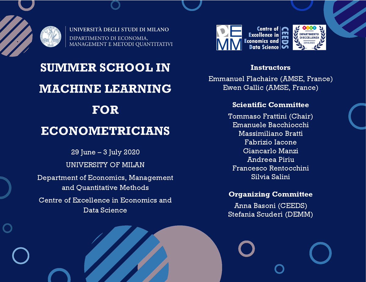tomfratti's tweet photo. Pleased to announce the #CEEDS Summer school in #MachineLearning for #Econometrics at the University of Milan @LaStatale #DEMM.
When: June 29 - July 3, 2020
Lecturers: Emmanuel Flachaire & @3wen Gallic
Course fees: FREE!
All info: https://t.co/3TmUXFYsf2
Please RT and apply! https://t.co/3YqDjFRifU