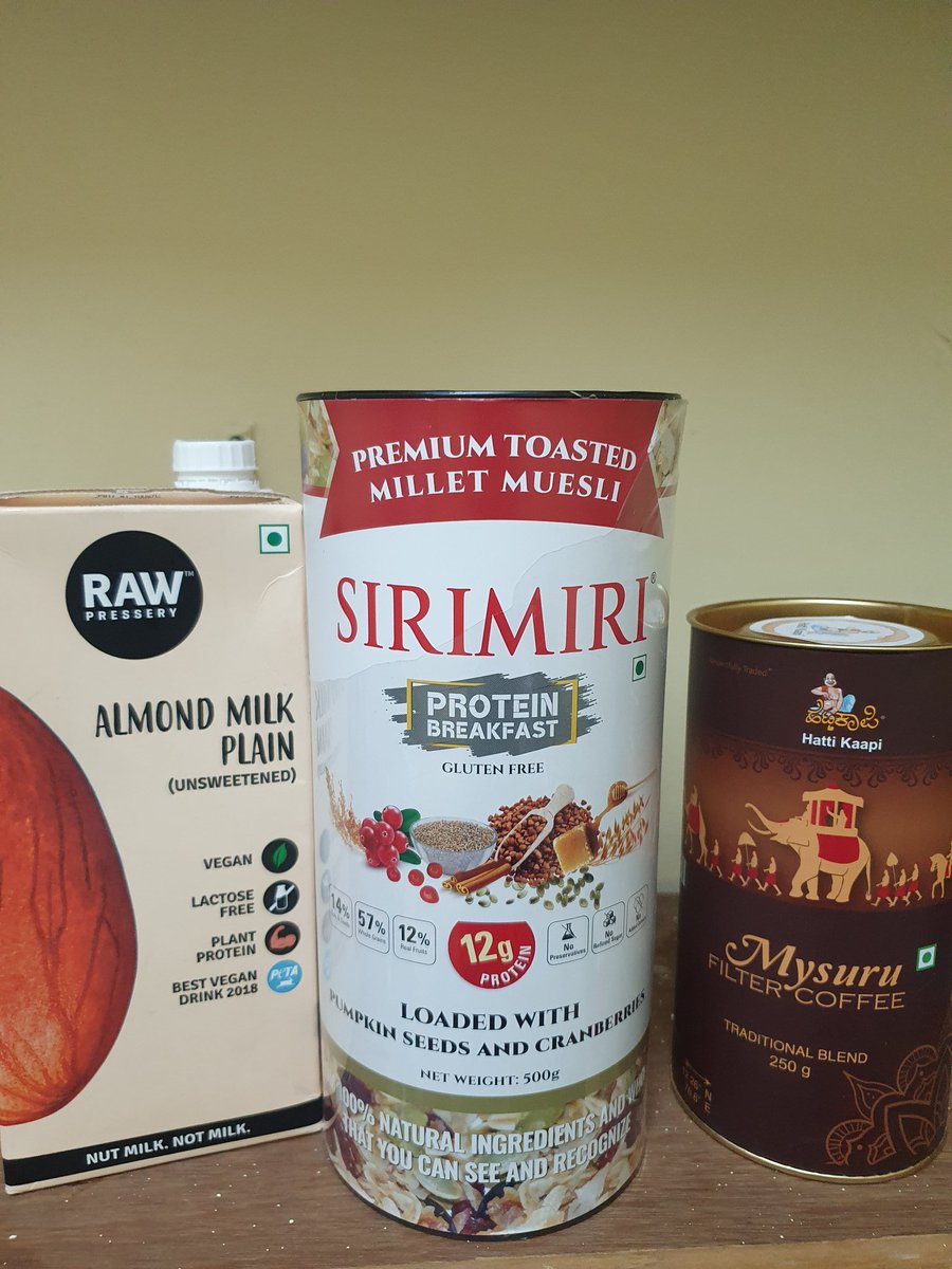 Great to be consuming some great Indian #veganfood #brandsofindia #cleanfoodmovement growing @RawPressery #unsweetenedalmondmilk @sirimirisnacks #milletmuesli #glutenfree & #bengalurucoffee @hatti_kaapi  @laeeqali @origamicreative #innovateindia #thegoodcityshow @inthegoodcity