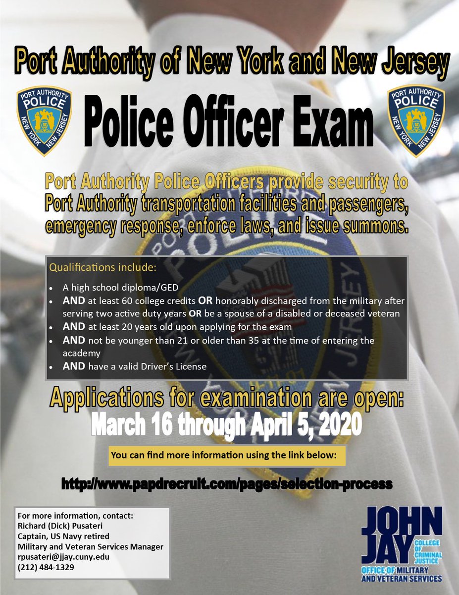 All vets, military, and other interested students are urged to apply for the Port Authority of NY and NJ Police Officer Exam, which will be open for application March 16th to April 5th. #Veterans #JohnJayCollege #PortAuthority #NewYorkNewJersey #PoliceExam