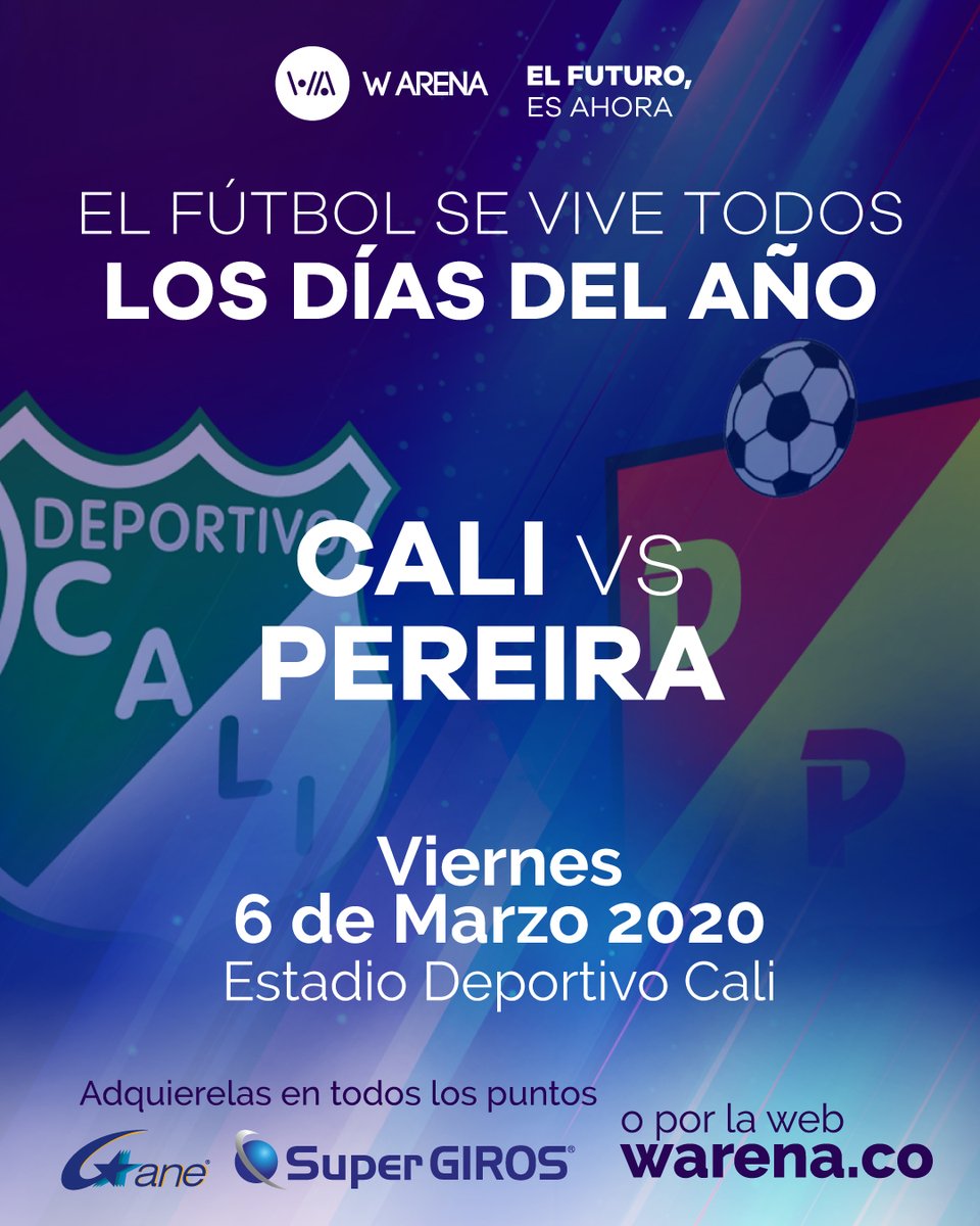 warenaoficial's tweet photo. ⚽️El fútbol se vive todos los días del año y si hay partido, ‼️MÁS‼️
Todavía puedes comprar tus entradas para @AsoDeporCali vs @Corpereira🎟️
W Arena, el futuro es ahora.
#Warena #ElFuturoEsAhora #UnBuenHinchaComparte #Futbol #Hincha #DatosW @AsoDeporCali @GaneCali @SuperGIROS_ https://t.co/k2UrrNtcke