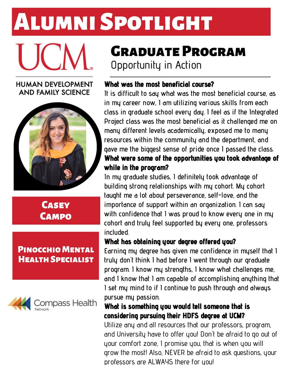 UCM_HDFS's tweet photo. Alumni Spotlight for March is 2018 HDFS Graduate Alumni, Casey Campo, she is currently a Pinocchio Mental Health Specialist at Compass Health. She also received her CFLE certification through @NCFR. Read about her experiences. #ucmgrad #gradsdoinggreatthings @CFLE @Harmon_College https://t.co/rToC3WjzU8