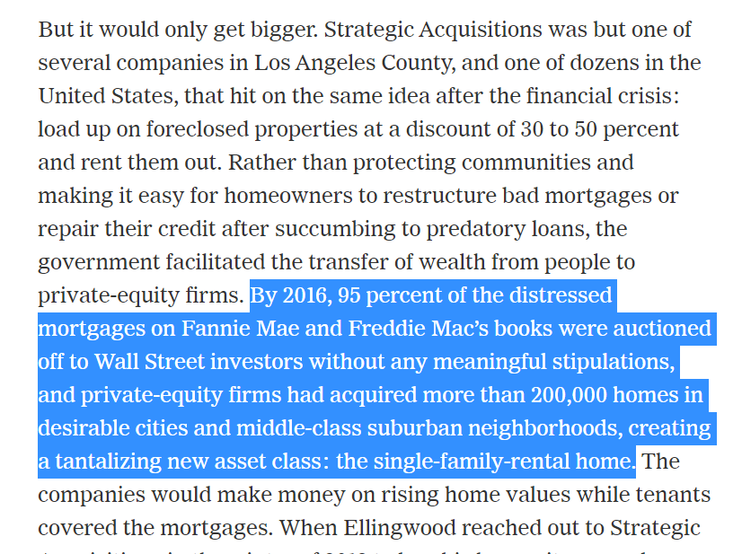 "Rather than protecting communities and making it easy for homeowners to restructure bad mortgages or repair their credit after succumbing to predatory loans, the government facilitated the transfer of wealth from people to private-equity firms." Sickening.