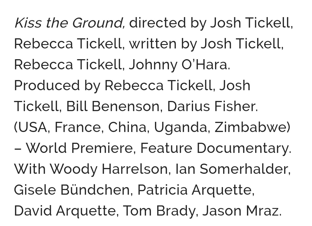 Tribeca Film Festival unveils features program, doc competition roster realscreen.com/2020/03/03/tri…

#KissTheGround <a href="/iansomerhalder/">Ian Somerhalder</a> <a href="/WoodyHarrelson/">Woody Harrelson</a> #GiseleBündchen #PatriciaArquette <a href="/TomBradysEgo/">Tom Brady’s Ego</a> #JasonMraz 👏👏👏👏👏👏👏