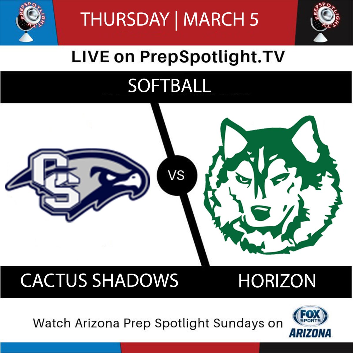 TODAY! Two Top-10 teams from a year ago face-off!

🥎: Cactus Shadows vs. Horizon
📺: PrepSpotlight.TV/AIA
⌚️: 3:45PM
🎙️: <a href="/Diablos00/">Michael Carotenuto</a> 

Catch the action LIVE and for FREE today!