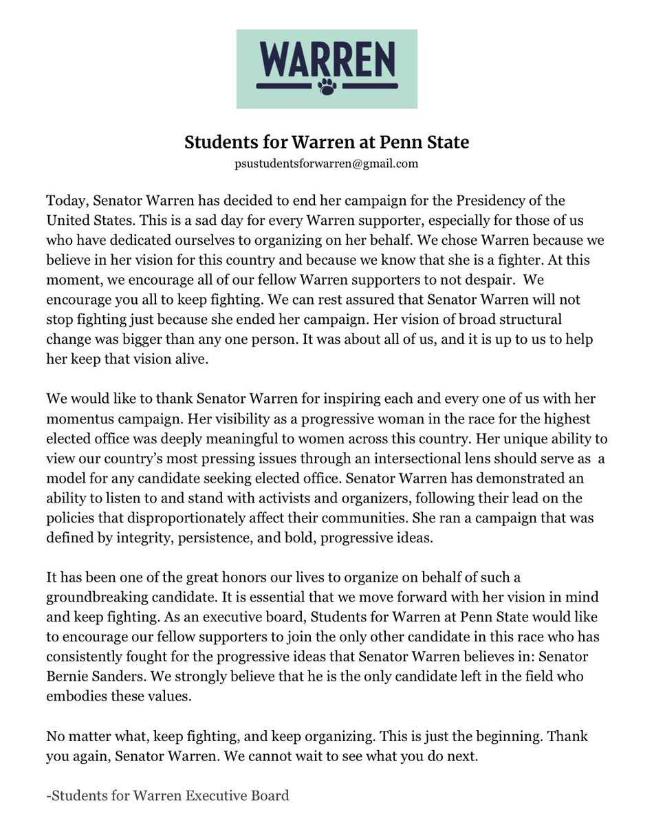 PSUforWarren's tweet photo. Our statement as this once-in-a-lifetime campaign comes to a close: https://t.co/AtYLke5FnE