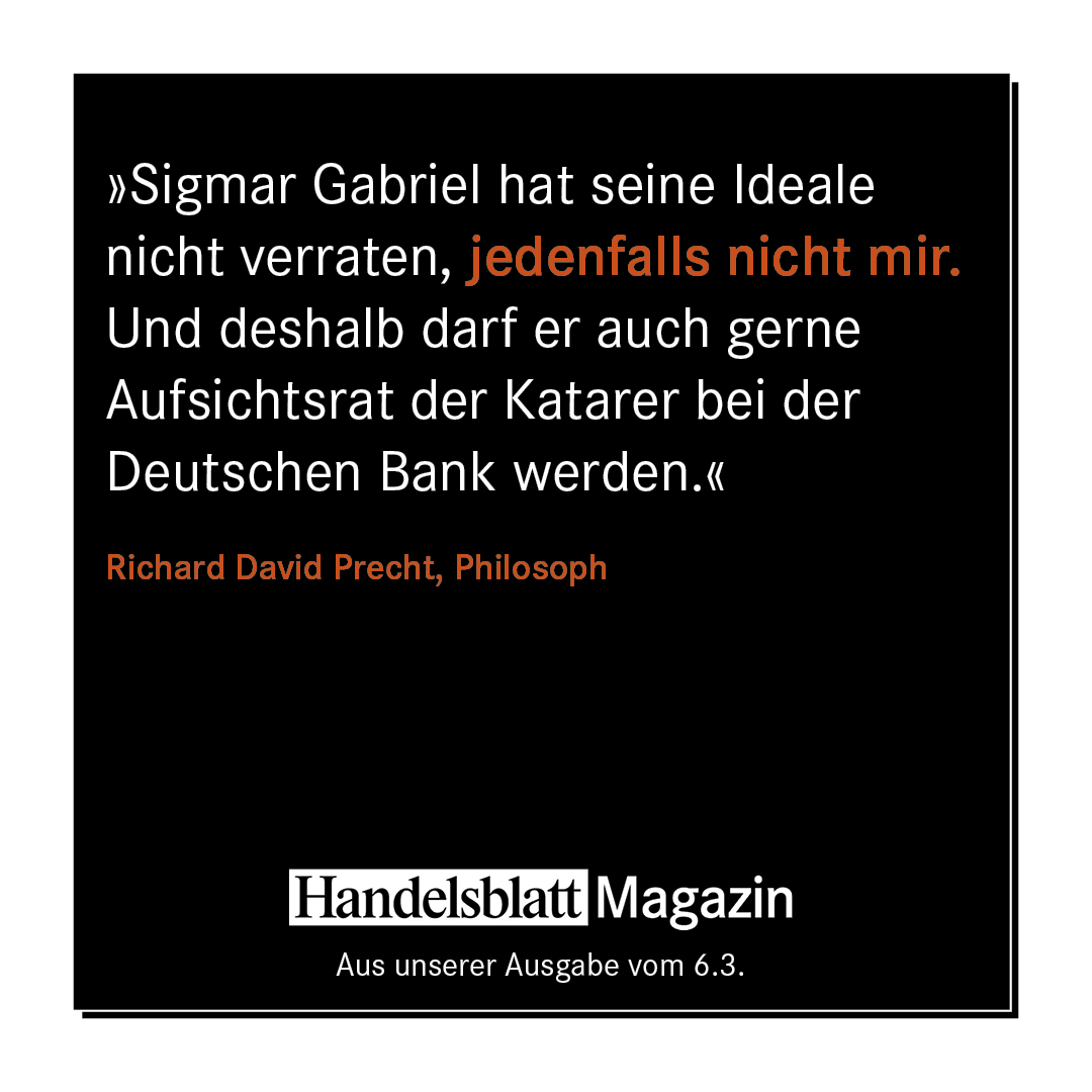 HB_Magazin's tweet photo. Im Handelsblatt Magazin hat Richard David #Precht ein paar Alternativ-Vorschläge parat, wie der frühere #SPD-Vorsitzende Sigmar #Gabriel seine Zeit nach der Politik verbringen könnte: https://t.co/u1APIblOVN https://t.co/c6zSvpuij3