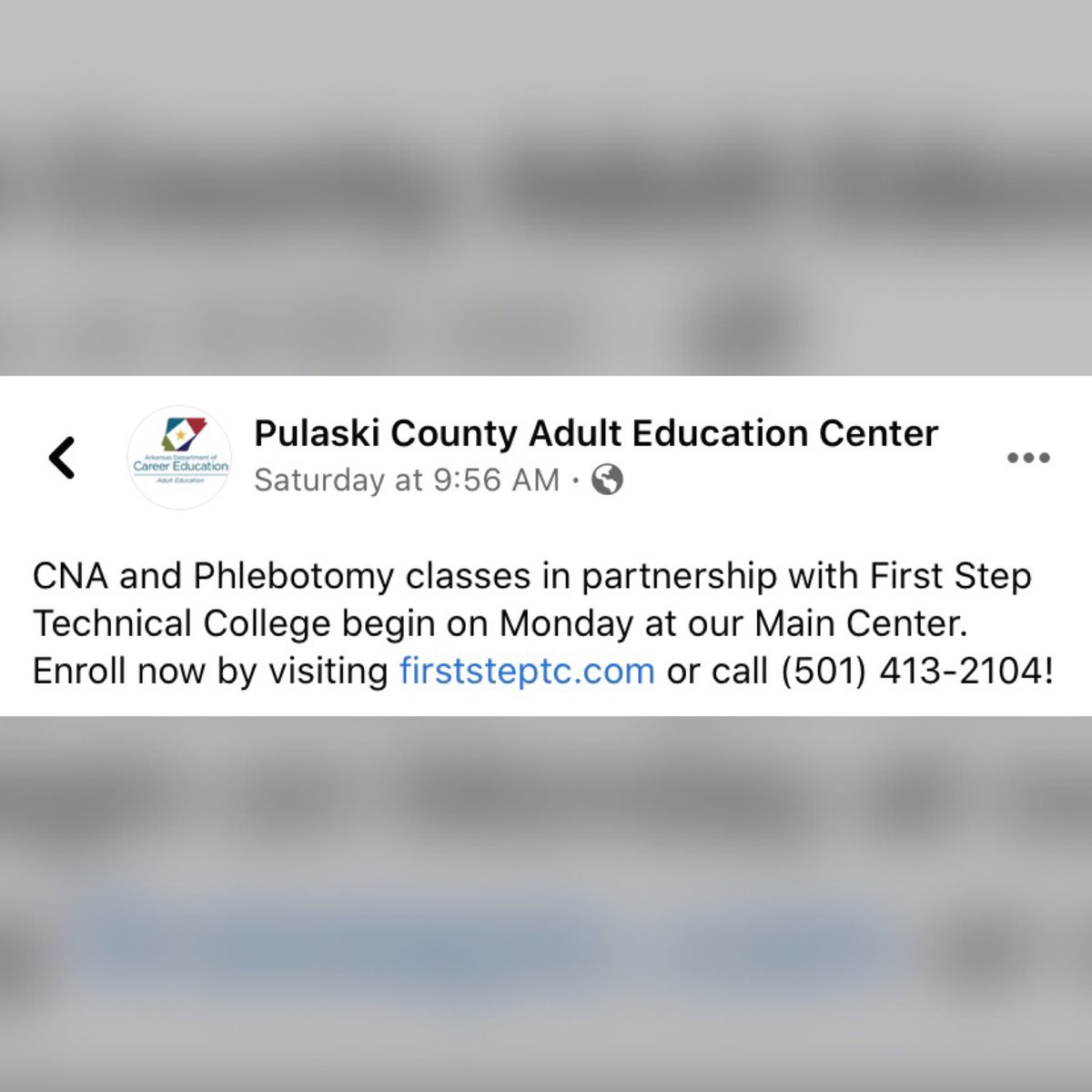 FirstStepTech's tweet image. Pulaski County Adult Education partnered with First Step Technical College! Enroll in CNA or Phlebotomy class today, we have day and night classes available! #medtwitter #edutwitter #Nurse #NurseTwitter #adulteducation #LittleRock #NLR #Arkansas