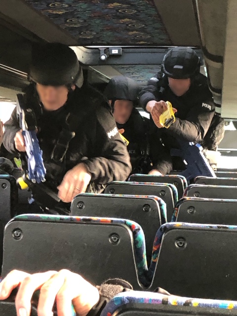 PolScotArmed's tweet photo. The most recent ARV training had officers receiving instruction on dealing with subjects onboard buses. 

A good days training at sunny Tulliallan with thanks to our colleagues from Armed Policing Training.

#Teamwork #TrainingAndCoaching https://t.co/QyLuM9nz65