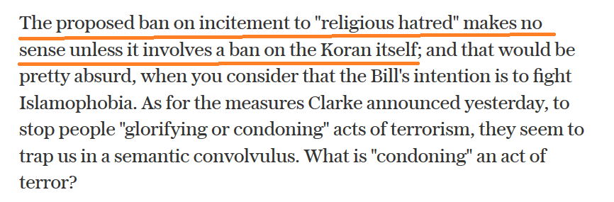 Another 2005 Boris Johnson Spectator column. British Muslims, unlike presumably "indigenous" people are easily influenced, and aren't subject to "Enlightenment" values. He writes of "whacko imams" and calls for the ban of the Koran. Islamophobia & racism.  http://archive.is/9Zy4F 