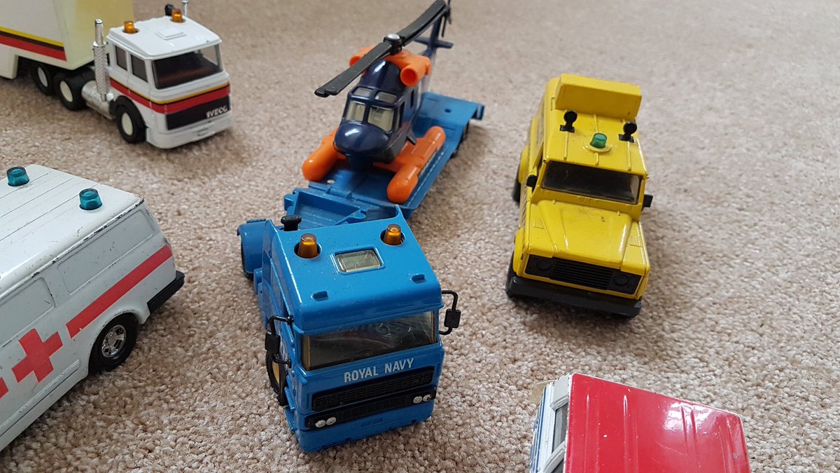 MttRbnsn's tweet photo. - blue DAF low-loader and airport Defender both Matchbox Superkings;
- Matchbox Iveco Porsche Racing lorry has its two 959s present.

#boxtwo

So there we are. I hope he likes them. And doesn't catch tetanus off them, they could do with a clean after decades of loft life.

[ENDS] https://t.co/heuTpVJ8G1