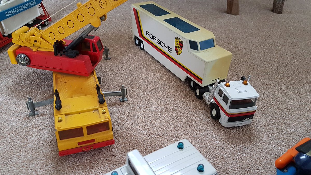 MttRbnsn's tweet photo. - blue DAF low-loader and airport Defender both Matchbox Superkings;
- Matchbox Iveco Porsche Racing lorry has its two 959s present.

#boxtwo

So there we are. I hope he likes them. And doesn't catch tetanus off them, they could do with a clean after decades of loft life.

[ENDS] https://t.co/heuTpVJ8G1