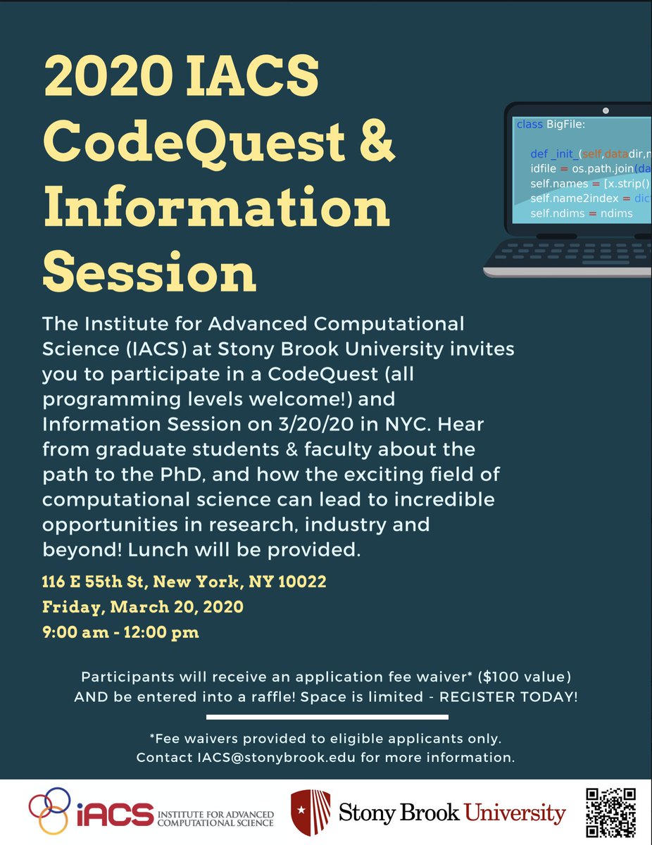 iacs.sunysb (@iacscomputes) on Twitter photo The Institute for Advanced Computational Science (IACS) at Stony Brook University invites you to participate in a CodeQuest.  All programming levels are welcome! It will take place on March 20, 2020 in NYC.
Make sure to register! Space is limited!
calendar.stonybrook.edu/site/iacs/even… The Institute for Advanced Computational Science (IACS) at Stony Brook University invites you to participate in a CodeQuest.  All programming levels are welcome! It will take place on March 20, 2020 in NYC.
Make sure to register! Space is limited!
calendar.stonybrook.edu/site/iacs/even…