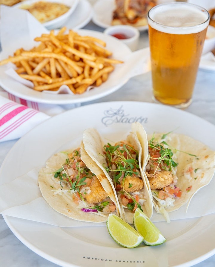 Doesn't La Estacion's fish tacos, fries &amp; a cold beer look good?