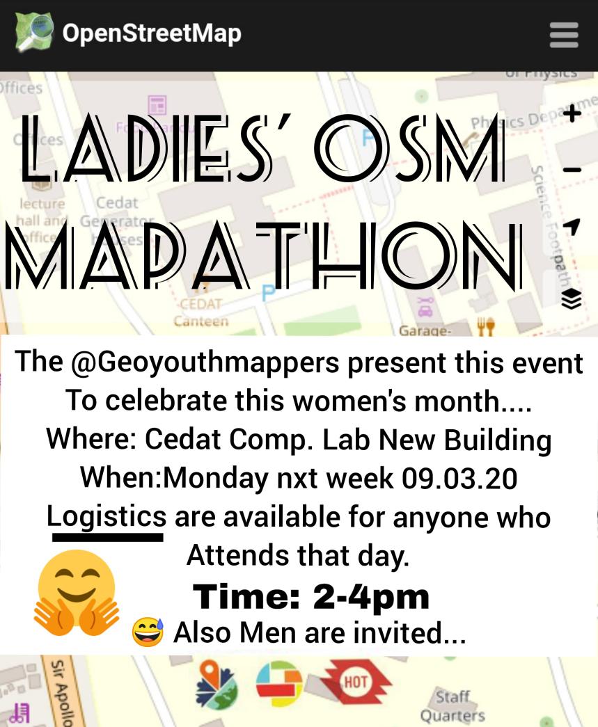 GeoYouthmappers's tweet photo. @GeoYouthmappers are getting together to map in celebration of International Women!
Where and when: The Mapathon will be held at @MakerereU @MakCEDAT new building from 2-4pm on 9th March 2020
We shall learn and use the osm platforms
#WhenWomenMap https://t.co/4je8aEMpvE