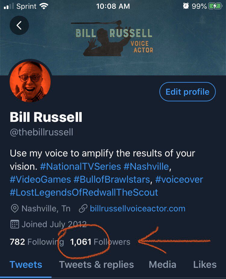 thebillrussell's tweet photo. Iโve hit my 1K mark on twitter! Big for me!! Keep it coming! Big future coming! #volife #voiceactor #voagents #bullofbrawlstars #lostlegendsofredwall https://t.co/7RFDybaRgZ