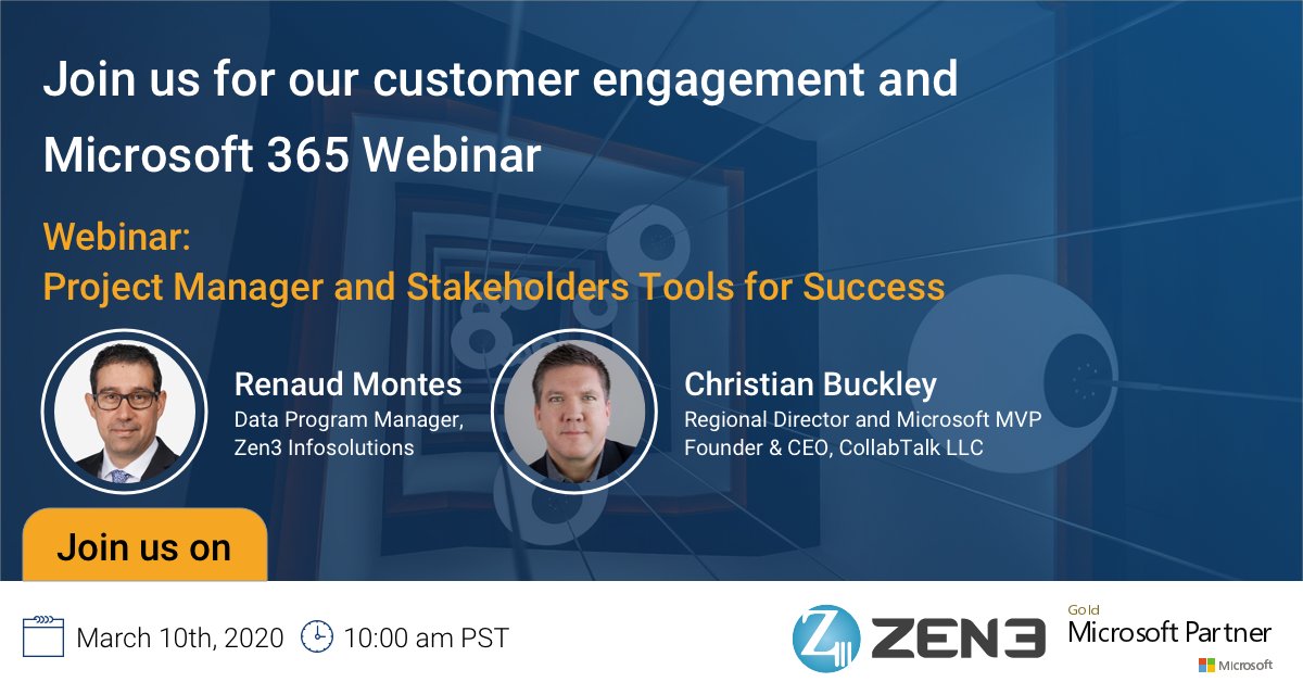 Zen3India's tweet photo. Join our upcoming webinar: https://t.co/6lJXJwhdwC 
Listen to Renaud Montes and Microsoft MVP Christian Buckley discuss the use of big data in increasing customer engagement and efficient task management in Microsoft 365.
#zen3 #microsoft #customerengagement #microsoftoffice365 https://t.co/pVujbVptsn