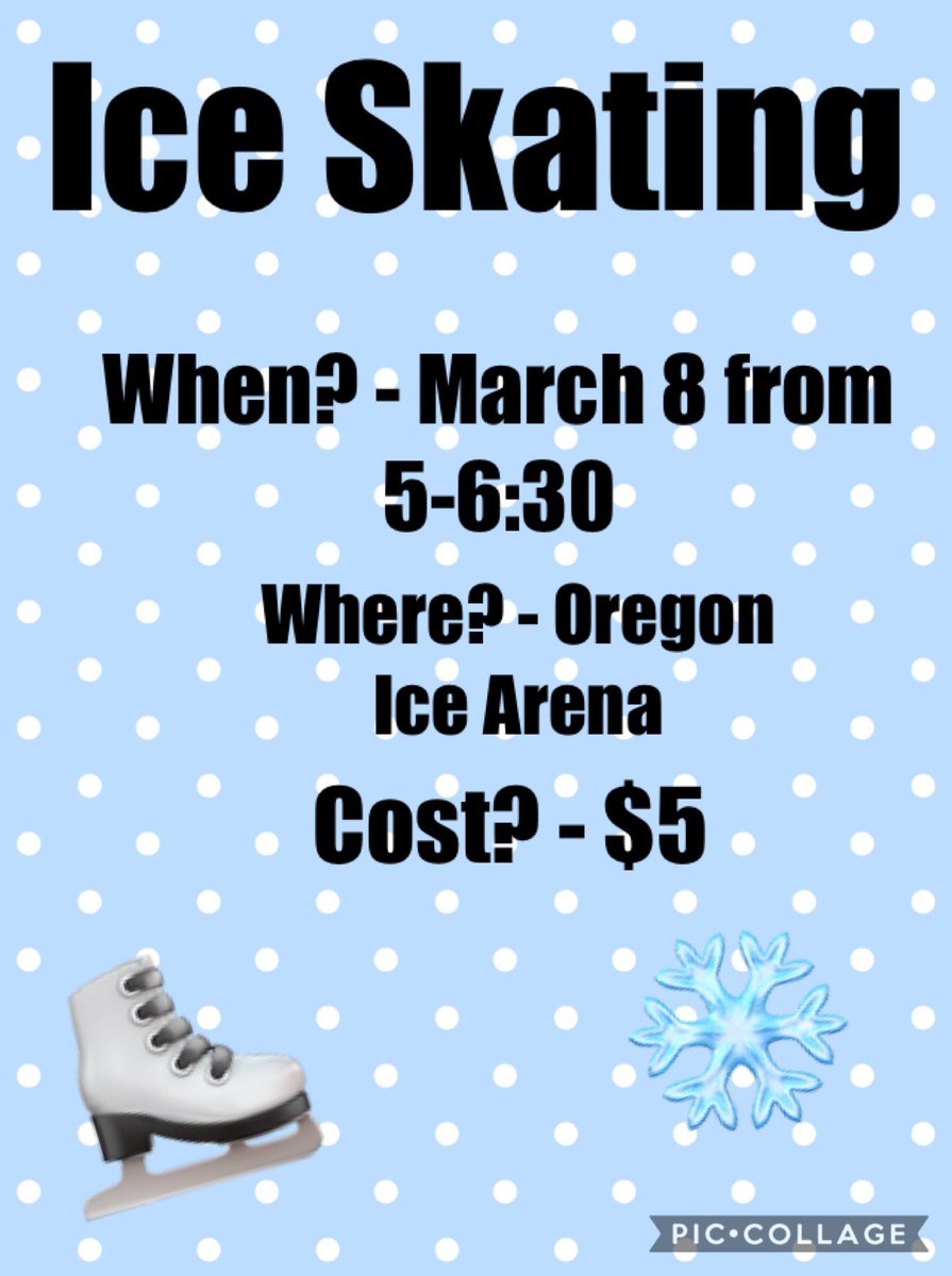 OregonWIFFA's tweet photo. Come out and join Oregon FFA at Oregon Ice Arena on March 8 to go ice skating!! Admission is $5! We will be skating from 5-6:30 pm! https://t.co/7vLGdFJUTt