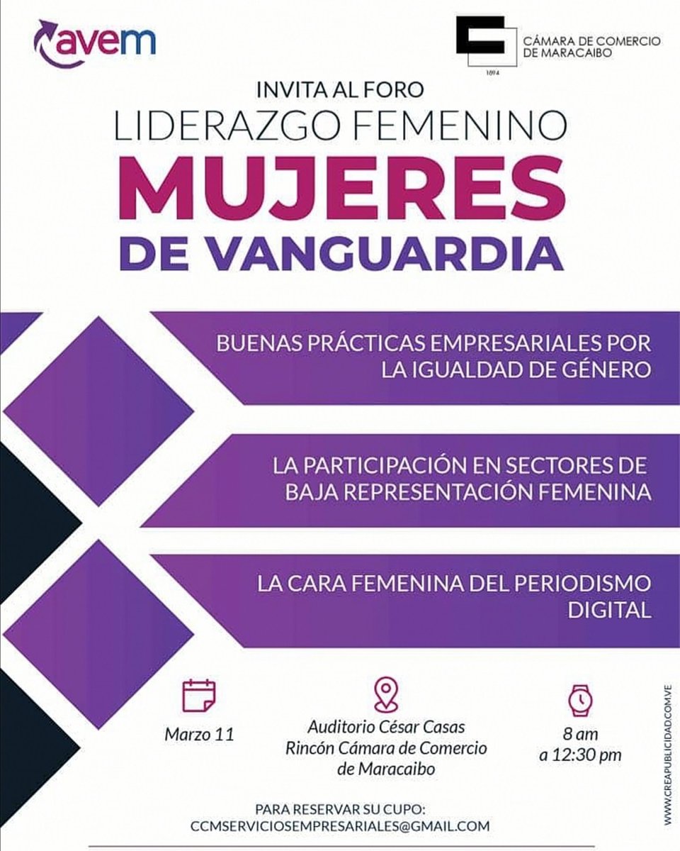 camaramaracaibo's tweet photo. Este próximo #11Mar se llevará a cabo un #FOROAVEM de @avemujeres titulado: Liderazgo Femenino Mujeres de Vanguardia,
en el auditorio de la sede gremial @CamaraMaracaibo.
Para mayor información, pueden escribir al correo electrónico que aparace en el flyer y regístrate. https://t.co/cpTtIdjRt0