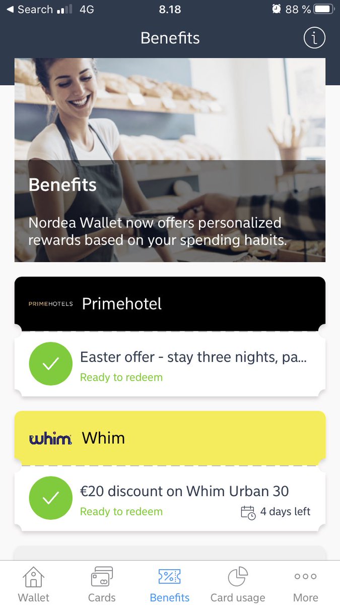 teppoj's tweet photo. We removed Beta label from Wallet Benefits and moved it to bottom navigation. Available in Finland on Android and iOS since Tuesday. This is how my benefits look like, how is yours? #nordeawallet https://t.co/OQhxYHJHrp