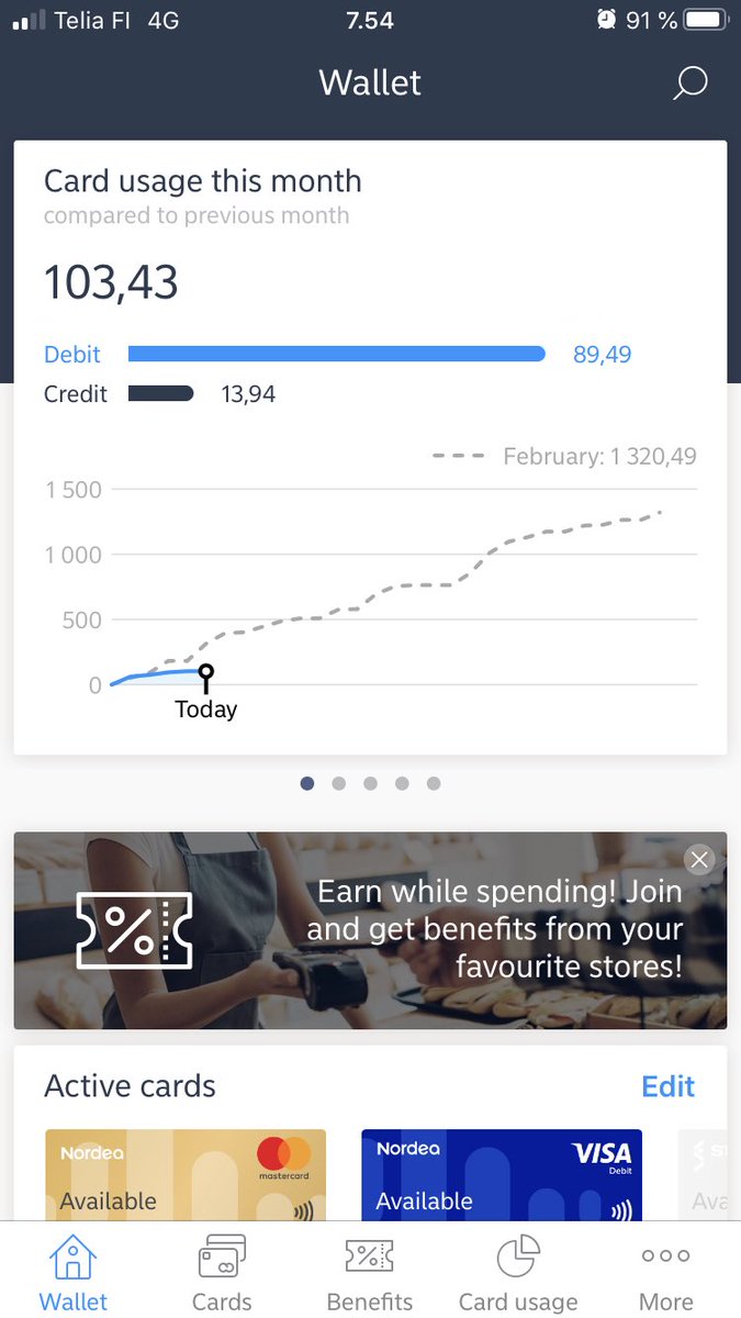 teppoj's tweet photo. We removed Beta label from Wallet Benefits and moved it to bottom navigation. Available in Finland on Android and iOS since Tuesday. This is how my benefits look like, how is yours? #nordeawallet https://t.co/OQhxYHJHrp