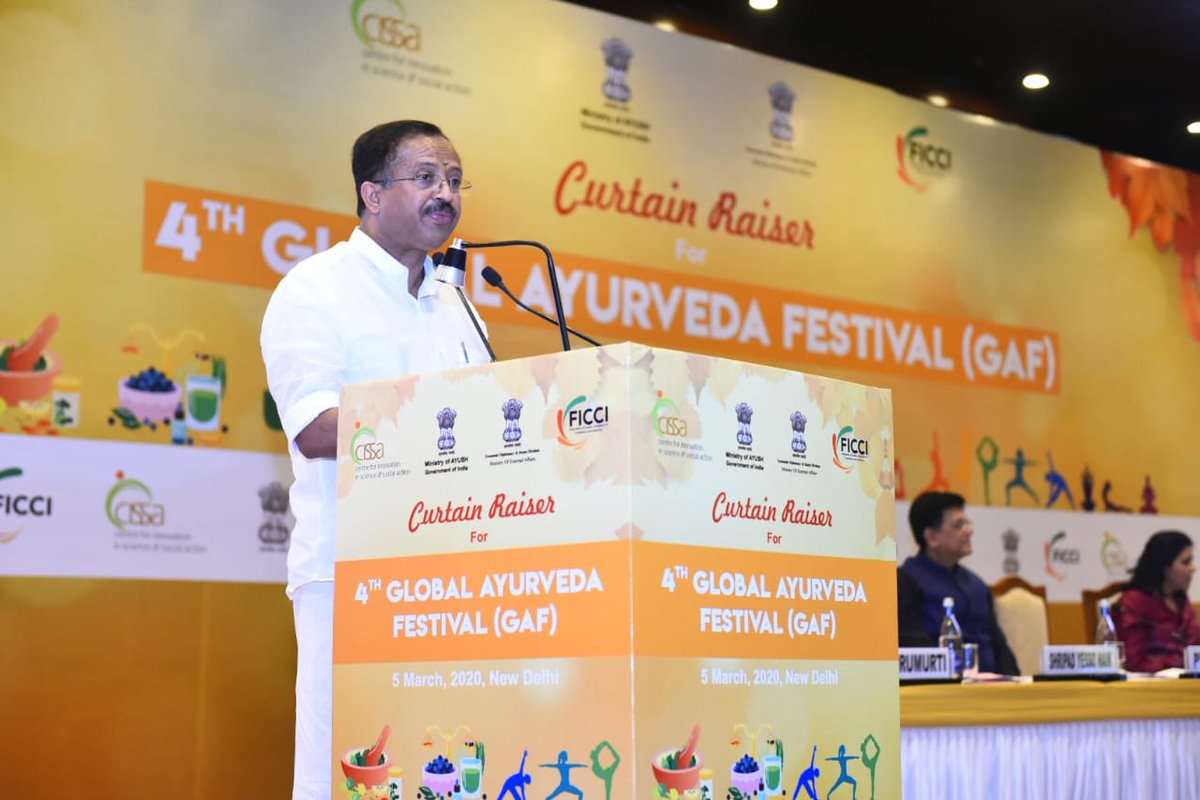 MOS_MEA's tweet photo. Had a grand curtain raiser of 4th Global Ayurveda Festival @ Sushma Swaraj Bhawan this evening.
Grateful to Hon’ble CIM Sh @PiyushGoyal ji and Hon’ble MoS Sh #Shripad Yesso Naik ji @moayush for inaugurating the curtain raiser. Angamaly, Kochi will host #GAF2020 on 16-20 May. https://t.co/oYqfiCanWF