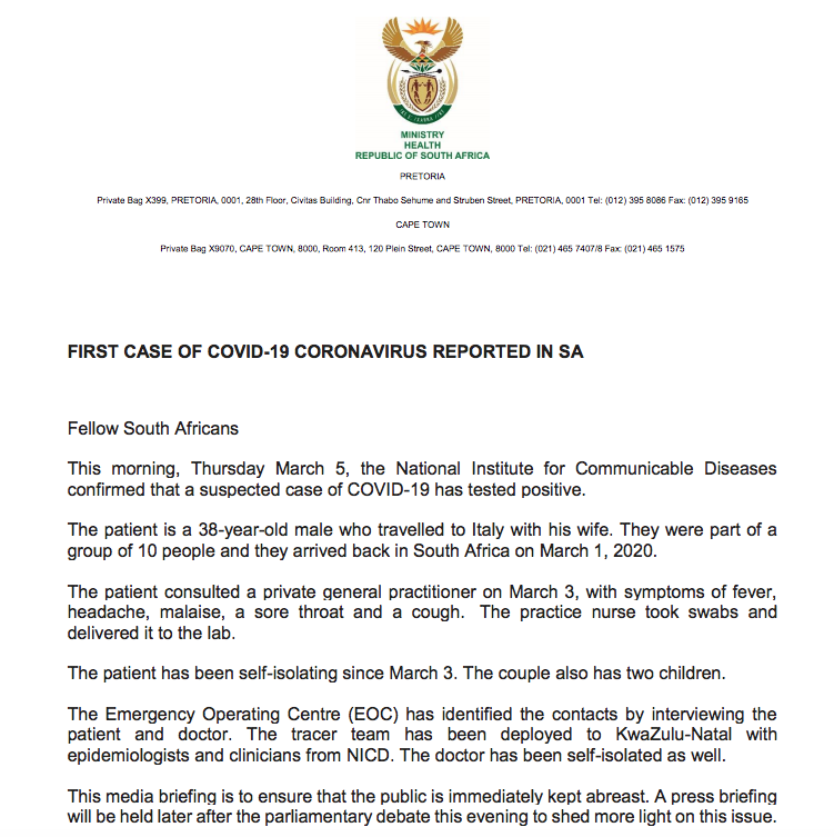 ewnreporter's tweet photo. #Coronavirus Statement from department. https://t.co/B8B4cTshZz