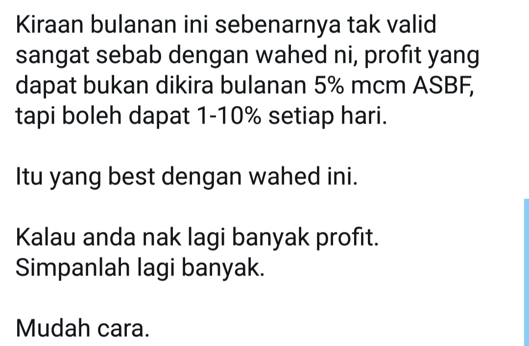 Sudah terangkan apa itu Wahed, apa ada dalam portfolio, Wahed bukan tempat simpan emergency savings dll. Masih ada yang daftar sedangkan tak tahu apa-apa. Ada yang daftar sebab tweet macam ni, baca dan fahamkan dulu. Tak faham tak perlu daftar!