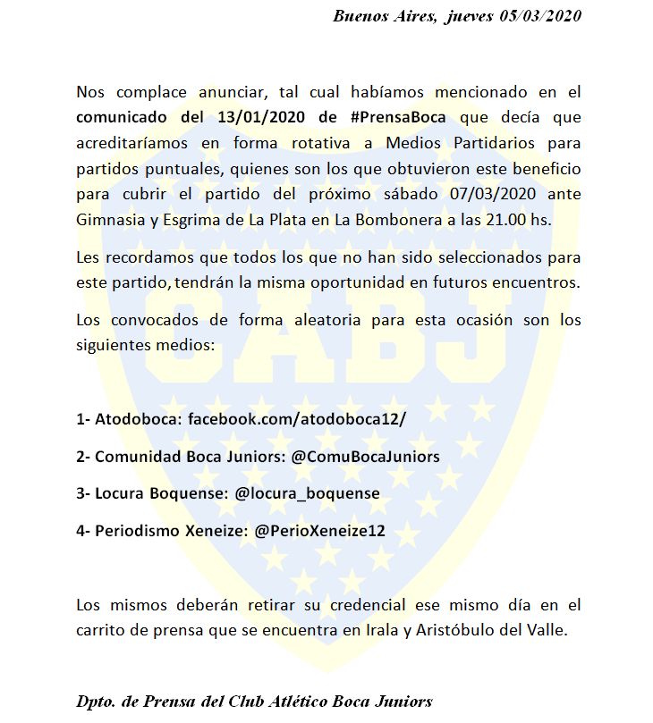 edueliaschev's tweet photo. Comunicado del departamento de #PrensaBoca de @BocaJrsOficial 
  
Acreditados de forma aleatoria para cubrir el partido Boca vs. Gimnasia el 07/03/2020 a las 21 hs en La Bombonera

https://t.co/i7yadRs2f9 

@ComuBocaJuniors 

@locura_boquense

@PerioXeneize12 https://t.co/IEQQKB1bRj