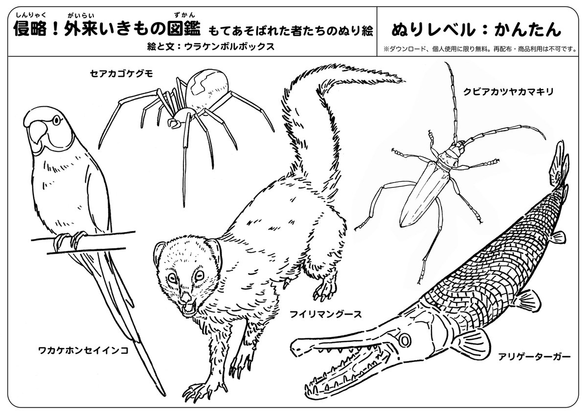 #イラストレーターにできること

お家で退屈しているチビっ子の遊びと学びを両立できないかと『侵略!#外来いきもの図鑑 もてあそばれた者たちの塗り絵』https://t.co/SaWdnEO53c を作成しました。彼らがどういう生き物なのか調べながら塗ってみてください。

(※個人使用に限り無料・商品利用不可) 