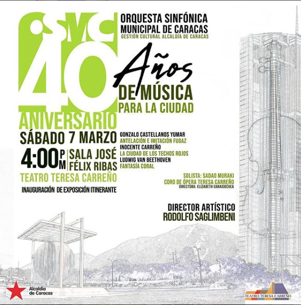 AcaCaracas's tweet photo. #AcáCaracas 40 años de la Orquesta Sinfónica Municipal de Caracas @SinfonicadeCcs Cuatro décadas de música para la ciudad. #Concierto este #Sábado #7Mar en la sala #JoséFélixRivas del @teresacarreno | Hora 4:00 PM | #ViveCCS #DisfrutaCCS #CaracasSinfónica #TeresaCarreño https://t.co/1vKVLZ2KxR