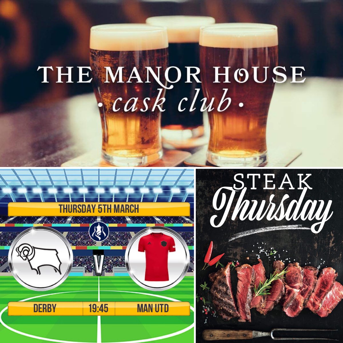 ManorHouseSJF's tweet photo. Treat yourself and another to Steaks this Thursday!  

While you’re here why not collect a few stamps on your card with every pint of cask ale and earn yourself a free pint!

#pints #steaks #stampcard https://t.co/iaz5rSU80K