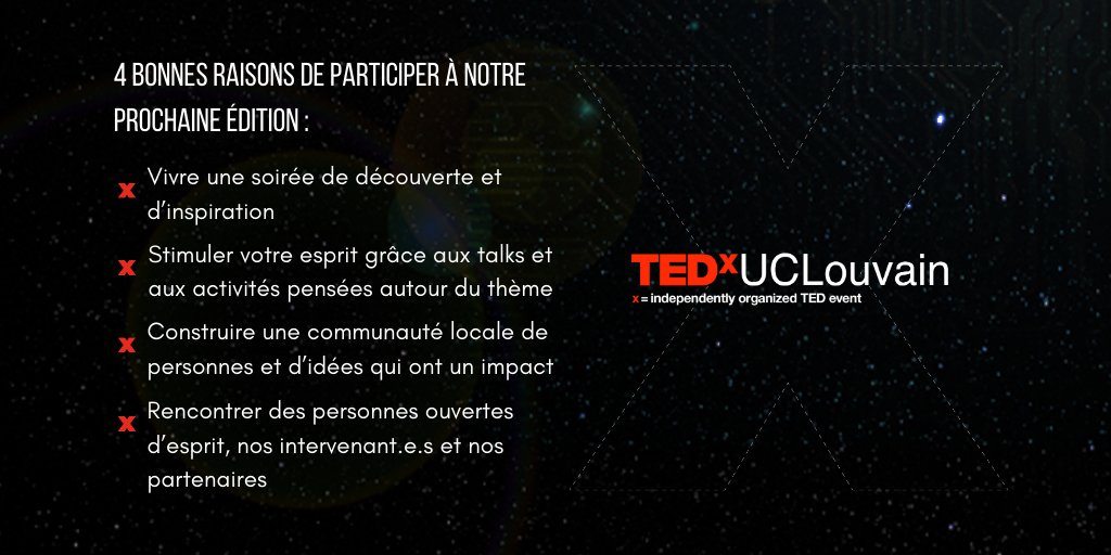Pourquoi participer à TEDxUCLouvain ? 🧐 C’est simple ! On vous donne 4 bonnes raisons d’y venir. ❤️ 
🎟 Obtenez vos tickets : tedxuclouvain.com
