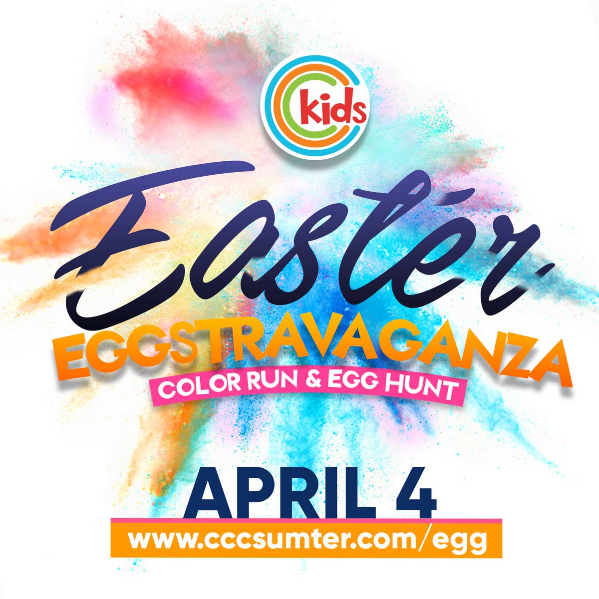 Join us for our Easter Eggstravaganza on 4/4 from 2-4pm. Pre-K and younger will have an Easter egg hunt and bouncy house.  K5-5th will participate in our color run egg hunt, where kids will collect eggs as they run through the course. Register for free at cccsumter.com/egg