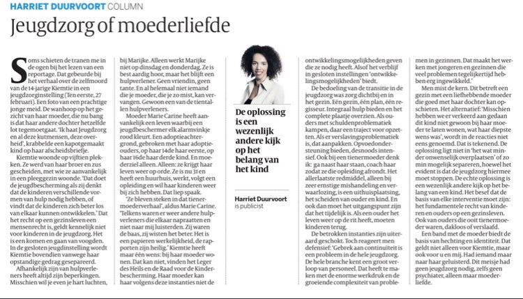Dank <a href="/HDDuurvoort/">Harriet Duurvoort</a> voor deze genadeloos rake column: ‘Dit meisje had geen jeugdzorg nodig, zelfs geen psychiater, alleen maar moederliefde.’ #jeugdhulp