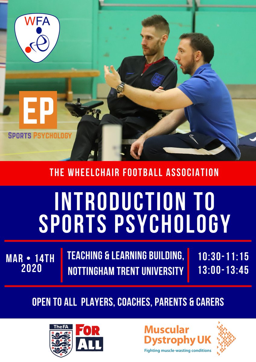 The_WFA's tweet photo. We're delighted to announce that @EPSportsPsych will be joining us at the @MDUK_News National League next Saturday to deliver more 'Introduction to Sports Psychology' workshops. 

📍@TrentUni, Teaching and Learning Building
⏰ 10:30-11:15
⏰ 13:00-13:45

#PowerchairFootball https://t.co/AIEGRcIVwU
