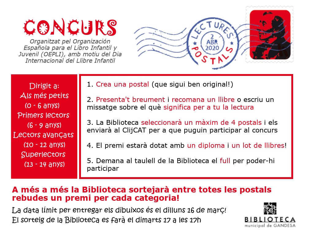 BiblioGandesa's tweet photo. 📪Sabíeu que fa 150 anys de la targeta postal?
Per celebrar #DiaLIJ20 ens intercanviarem postals amb altres nens/es de la biblioteca pública municipal de Arroyo de la Luz. Si tens entre 0 i 14 anys vine a @BiblioGandesa i participa.
#LecturesPostals @ClijcatFaristol https://t.co/D4rmuQ9YGC