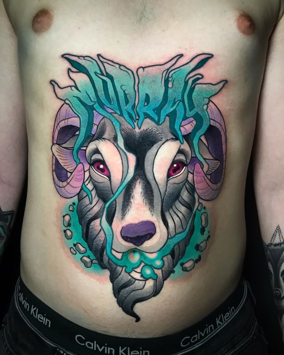 CandDLondon's tweet photo. Goat stomach piece by Jack - To see more work visit @goksisdead via instagram. #stomachtattoo #goat #neotraditional #londontattoo https://t.co/b0Gj70VWYe