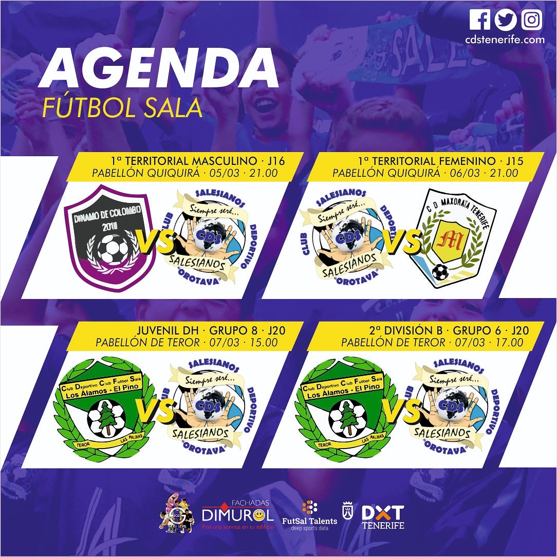 CDSalesianosCDS's tweet photo. ⚽️ Vuelve la Competición.
📆 05/03 . 21.00
🏆 #1Trrt #Masc
🔵 #DinamoColombo
🆚️ #cdstenerife B
🏟 Quiquirá
📆 06/03 . 21.00
🏆 #1Trrl #Fem
🔵 CDS
🆚️ @CDMaxorataFS
🏟 Quiquirá
🏟 Pabellón Teror 07/03
🏆 JDH G8 . 15.00
🏆 2B G6 . 17.00
🔵 #AguasdeTeror 🆚️ #CdsTenerife https://t.co/vjJ93OmbMR
